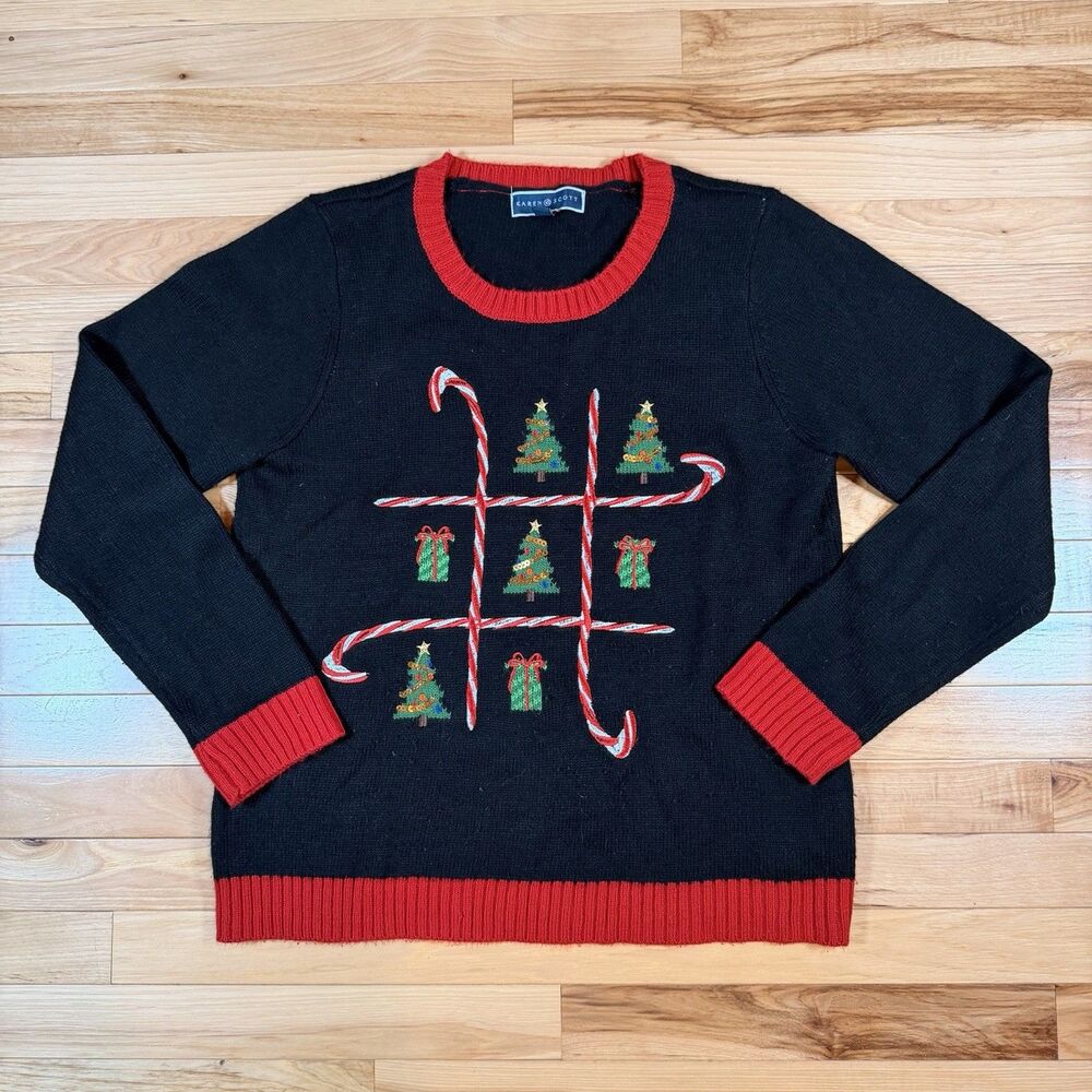 VTG Karen Scott Holiday Ugly Sweater Tic Tac Toe Black Red Women Large Christmas